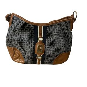 Tommy Hilfiger Brown and Black Shoulder Bag with Gold Buckle